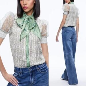 NEW Alice + Olivia Tie Neck Puff Sleeves Floral Print Top Green Size:Extra Small